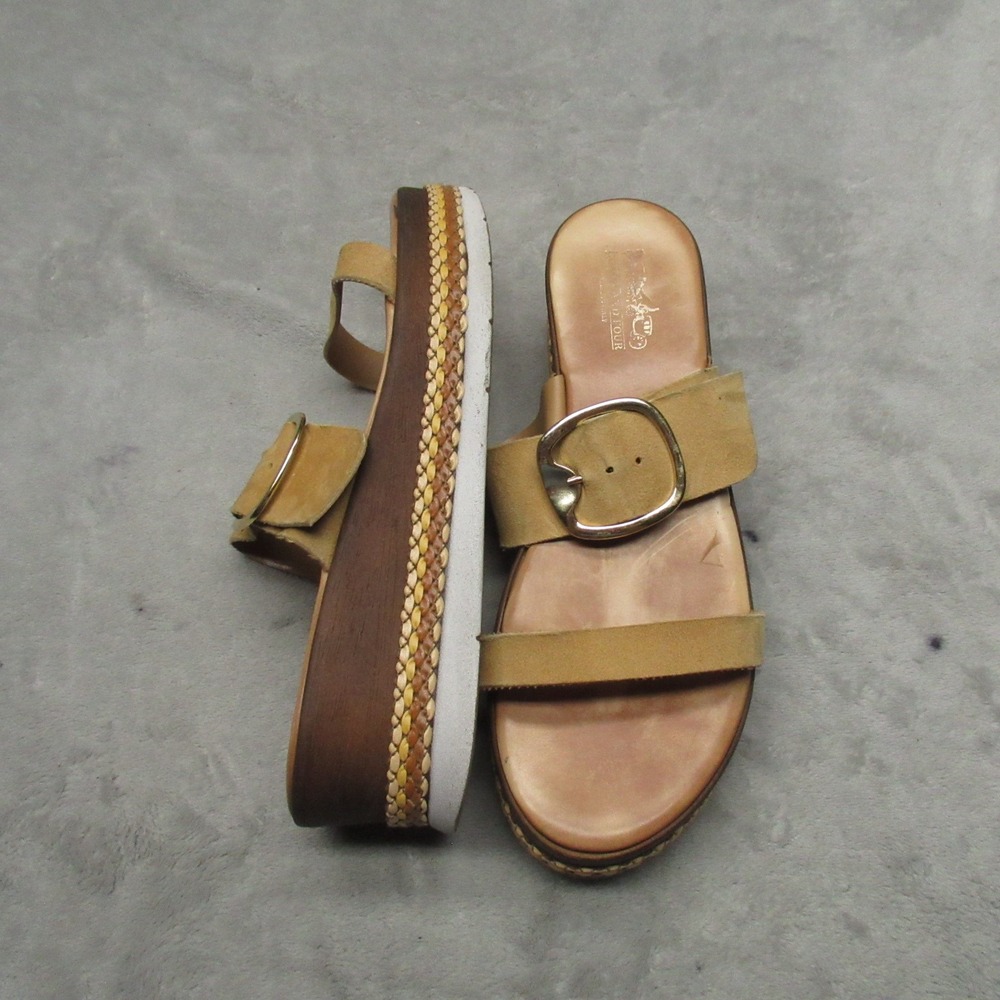 Coach And Four Womens 8.5 Sandals Brown Platform Suede Buckle Wedge Slide Italy
